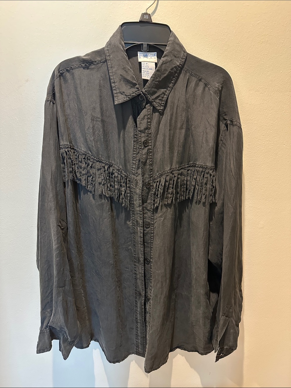 Vintage Black Silk Fringe Button-Up Shirt